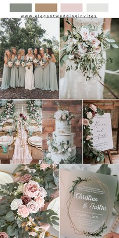 a collage of photos with flowers and greenery in the center, including wedding cake,