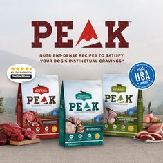 four bags of peak dog food are shown in front of an advertisement for the company