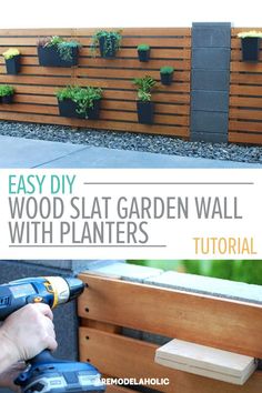 the diy wood slat garden wall with planters is easy to make and looks amazing