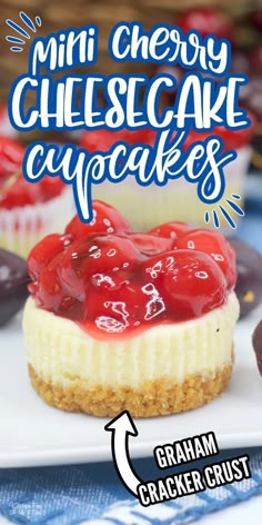 mini cheesecake cupcakes with cherries on top and the title overlay reads, mini cherry cheesecake cupcakes