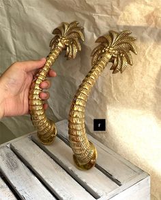 a hand is holding two brass palm trees