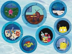 cartoon characters are depicted in the center of an animated scene, including spongebob and friends