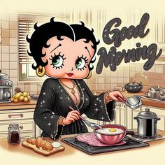 an image of a woman cooking food on the kitchen counter with words good morning above her