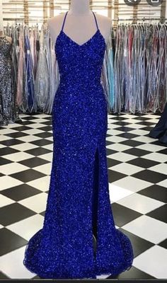 Blue Mermaid Prom Dress, Sweep Train Prom Dress, Sparkly Prom Dress, Halter Prom Dresses, Sparkly Prom Dresses, Royal Blue Prom Dresses, Spaghetti Strap Prom Dress, Sequin Formal Dress, Prom Dresses Gowns