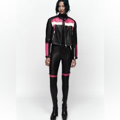 Brand New Never Worn Faux Leather Leggings From Zara In Biker Style With Pink Panelling Pink Panelling, Faux Leather Biker Jacket, Leather Biker Jacket, Biker Style, Zara Pants, Faux Leather Leggings, Leather Leggings, Zara Black, Biker Jacket