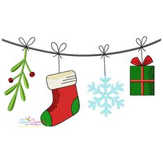 christmas stockings and presents hanging on a line