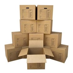 several cardboard boxes stacked on top of each other with the lids open to reveal labels