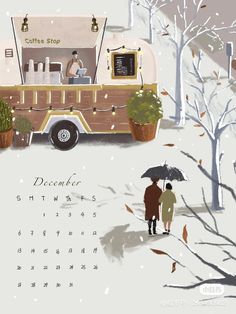 a calendar with an ice cream truck on it and people walking in the snow holding umbrellas