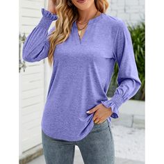 Purple V-neckline Ruffle Long Sleeve Tops Fall V-neck Top With Ruffle Hem, Casual Ruffled Split Neck Blouse, Fall Ruffled V-neck Tops, Notch Neck Top, Fitted Wardrobes, Tops Long Sleeve, Ruffle Long Sleeve, Ruffled Sleeves, Neck Ruffle