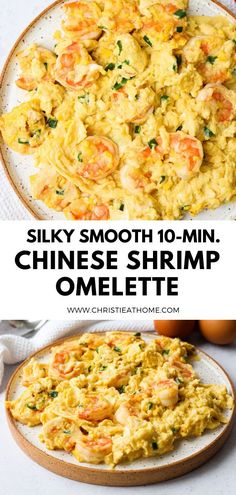 an omelette with shrimp is shown on a plate and in the background, there are