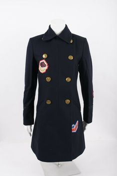 Coach Womens 1941 Naval Officer Military Pea Coat Wool Navy Blue Double Breasted Patches Sz 2  Coach 1941 Naval Officer Pea Coat in Navy Blue.  Features double breasted button closure, varsity-inspired leather patch at chest, contrast topstitching, faux-pearl embellishments, shiny rivets.  74% wool, 26% polyamide. New without tags pit to pit- 17"  sleeve- shoulder seam to cuff- 23.5" length - 37" Naval Officer, Contrast Topstitching, Coach 1941, Pea Coat, Leather Patches, Rivets, Shoulder Sleeve, Vest Jacket, Faux Pearl