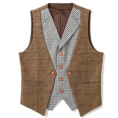 Wiaofellas - Men Vest Brown Slim Fit V Neck With Gray Grid Single Breasted Waistcoat Casual Formal Business Men Coat [xlmodel]-[photo]-[0000]Product Photos Winter Fitted Patchwork Blazer, Winter Patchwork Fitted Blazer, Brown Single Breasted Vest For Winter, Business Vest With Pockets For Fall, Brown Single-breasted Vest For Winter, Fall Business Vest With Pockets, Beige Business Vest For Fall, Sleeveless Winter Blazer With Pockets, Tailored Winter Vest With Pockets