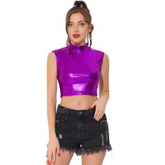 The shiny metallic crop top can be added to your top collection. Suitable for many occasions, such as parties, clubwear, holidays, and dance club raves. Pair with any tight trousers or short skirts for a chic and hot look. Made from shiny Metallic Fabric, this tank top will make you stand out in the crowd. Believe you will need a tank top like this to match your pants. Shiny Top For Club And Party Season, Trendy Fitted Metallic Tank Top, Shiny Sleeveless Club Tops, Shiny Sleeveless Top For Club, Metallic Fitted Trendy Crop Top, Disco Crop Top For Party, Metallic Tops For Club And Party Season, Metallic Tops For Club During Party Season, Trendy Fitted Metallic Crop Top