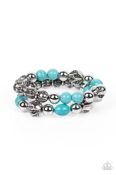 Stamped in leafy accents, faceted silver beads join refreshing turquoise stone beads, shiny silver beads, and textured silver accents along stretchy bands around the wrist for an earthy layered look.

 Sold as one pair of bracelets. Mixed Metal Jewelry, Kids Bracelets, Paparazzi Accessories, Blue Bracelet, Silver Accents, Shiny Silver, Turquoise Stone, Accessories Bracelets, Silver Beads