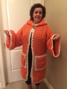 Hand made Crocheted Hexagonal Granny Hooded Cardigan One Size Orange/Off White Red Heart Womens Jackets, Hooded Cardigan, Sweater Coats, Red Heart, Favorite Outfit, Art Collection, Bathing Beauties, Jackets & Coats, Jackets For Women