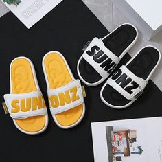 Looking to make a statement with your next apparel purchase? These slides are no stranger to being a statement piece. Each pair of the Bold Text Velcro Slides, like the name suggests, features eye-catching typography across both of the straps. Each slide is made with an adjustable Velcro flap that allows you to adjust the fitting on your foot. FEATURES: Style Open toe Season Summer/Spring Sole Flat Vamp material EVA COMFORTABLE MATERIAL: The Bold Text Velcro Slides are made of high-density mater Trendy Slides For Summer Streetwear, Trendy Summer Slides For Streetwear, Trendy Streetwear Slides For Spring, Design Alphabet, Slides Slippers, Men's Slippers, Bold Text, Soft Summer, Fashion Today