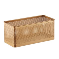 a gold metal basket with holes on the side