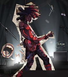 a man with dreadlocks playing an electric guitar