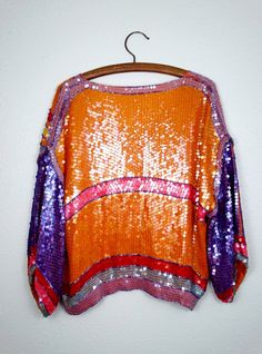 80s Bright Orange Sequin Top // Color Block Dolman Sleeve Handbeaded Sequined Blouse - Etsy Oversized Fall Party Blouse, Oversized Party Blouse For Fall, Vintage Embroidered Tops For Parties, Vintage Embroidered Party Tops, Vintage Embroidered Party Blouse, Vintage Embroidered Blouse For Party, Pink Sequined Festival Tops, Festival Multicolor Sequined Tops, Multicolor Sequined Tops For Festivals