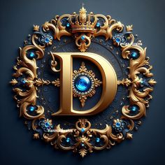 the letter d is made up of gold and blue jewels with a crown on top