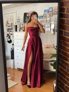 A-Line/Princess Silk like Satin Ruffles Spaghetti Straps Sleeveless Floor-Length Dresses White Prom Dress Long, Prom Dress With Split, Prom Dress Inspo, Dress With Split, Prom Dress Inspiration, Cute Prom Dresses, Grad Dresses, Satin Prom Dress, Dress Satin