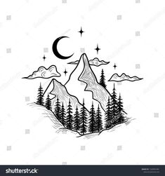 mountains with trees and stars in the sky on a white background, black and white drawing