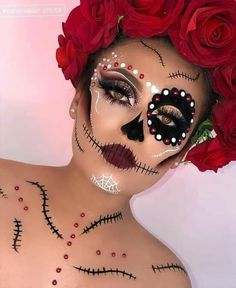 Rose Skull Makeup, Catrina Makeup With Gems, Easy Dia De Los Muertos Makeup Ideas Half Face, Red Catrina Makeup, Red Sugar Skull Makeup, Easy Dia De Los Muertos Makeup Ideas, Skull Candy Makeup, Simple Catrina Makeup, Half Sugar Skull Makeup