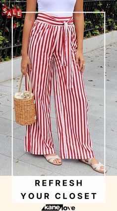 Stripe Knot Wide Leg Pants Striped Wide Leg Pants For Day Out, Striped High-waisted Pants For Vacation, Striped High-waisted Vacation Pants, Wide Leg Striped Pants For Day Out, Casual Wide Leg Belted Pants, Summer Wide-leg Pants With Tie Waist, Tie Waist Wide-leg Summer Bottoms, Striped Wide-leg Summer Pants, Tie Waist Wide-leg Pants For Summer