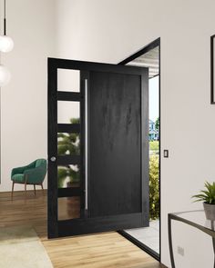 an open door leading into a living room with a green chair and potted plant