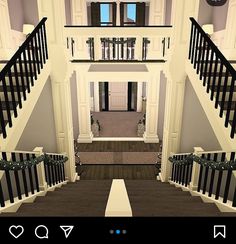 an image of the inside of a house with stairs and balconies on each floor