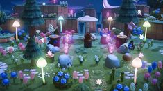 an animated garden with blue and pink flowers, trees, and lights in the night sky