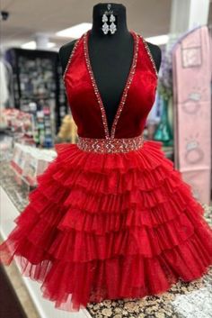 a-line stunning red halter beaded tiered short homecoming dress Prom Dress Red, Haute Couture Wedding Dress, Dresses Pageant, Beaded Wedding Gowns, Cheap Homecoming Dresses, Red Homecoming Dresses, Homecoming Dresses Tight, Lace Beach Wedding Dress, Two Piece Homecoming Dress