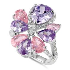 Top of Ring Height: 23.8mm

Top of Ring Width: 20.0mm

Shank Width: 2.6mm


Stone Material: Lavender Cubic Zirconia
Pink Cubic Zirconia
Clear Cubic Zirconia

Stone Size: 8.0mmx10.0mm (Pear-Lavender)
5.0mmx7.0mm (Pear-Lavender)
5.0mmx7.0mm (Pear-Pink)
3.0mmx6.0mm (Marquise-Pink)
1.85mm
1.3mm
1.1mm

Stone shape: Marquise
Pear
Round

Stone Carat Weight: 2.46 ct. (Pear-Lavender)
0.71 ct. (Pear-Lavender)
0.71 ct. (Pear-Pink)
0.25 ct. (Marquise-Pink)
0.025 ct.
0.01 ct.
0.0075 ct.

Total Number of Ston Pink Multi-stone Amethyst Ring, Lavender Cubic Zirconia Gemstone Ring, Pink Cubic Zirconia Flower Ring For Anniversary, Lavender Cubic Zirconia Ring With Center Stone, Lavender Cubic Zirconia Promise Ring, Lavender Amethyst Ring With Cubic Zirconia, Purple Cubic Zirconia Crystal Promise Ring, Lavender Cubic Zirconia Rings For Gift, Purple Flower Rings For Anniversary