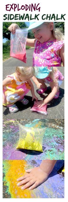 Exploding Chalk, Paint Bags, Sidewalk Chalk Art Ideas, Chalk Art Ideas, Chalk Activities, Experiment For Kids, Recipe Tutorial, Sidewalk Chalk Art, Outside Activities