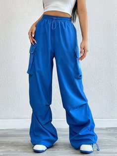 Women's Solid Color Elastic Waist Pocket Casual Pants, For Everyday Wear Royal Blue Casual   Woven Fabric Plain Cargo Pants Non-Stretch  Women Clothing, size features are:Bust: ,Length: ,Sleeve Length: Indigo Outfit, Royal Blue Pants, Minimalist Wardrobe Capsule, Blue Cargo Pants, Drawstring Waist Pants, Corduroy Coat, Pastel Outfit, Blue Trousers, Women Pants