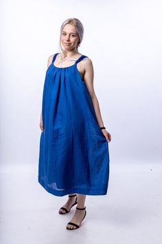 Royal blue linen loose woman linen dress. High quality Linen fabric. This beautiful & fashionable handmade blue linen dress is handmade and made to order. It features a volumetric design with straps and a bright presence.  Аll our fabrics have a quality certificate Oeko-Tex Standart 100 🌼 Delivery 🌼 After your order is made, it will be shipped via DHL and will arrive in 1 -4 days, depending on your location.  🌼 Materials 🌼 100% Linen 🌼 Extra information 🌼 Our model is 170cm (5"6'), weighs Linen Maxi Dress Summer, Linen Kaftan Dress, Summer Kaftan, Linen Kaftan, Blue Linen Dress, Maxi Dress Summer, Linen Dress Women, Sleeveless Long Dress, Dress Linen