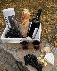 two glasses of wine, bread and cheese on a stone slab in the fall leaves