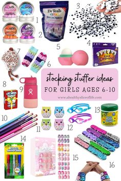 the top ten gifts for girls ages 6 - 10 with text overlay that reads stocking stuff ideas for girls ages