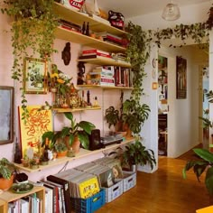 a living room filled with lots of plants and bookshelves on top of shelves