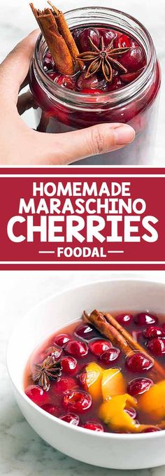 homemade maraaschino cherries in a bowl with cinnamon stick and star anise