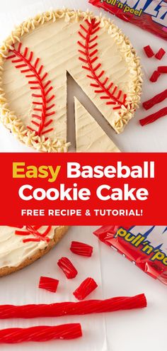 an easy baseball cookie cake with red and white icing