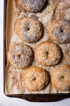 six bagels with sesame sprinkled on them sitting on a parchment paper lined baking sheet