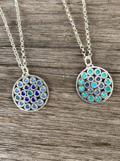 Blue Sterling Silver Fusion Necklace, Blue Fusion Jewelry With Large Pendant, Blue Flower Pendant Necklace Nickel Free, Blue Nickel-free Flower Pendant Necklace, Blue Round Fusion Necklaces, Blue Fusion Style Round Pendant Jewelry, Nickel Free Blue Amulet Necklace, Necklace Colorful, Colourful Necklace