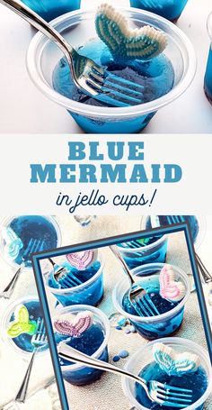 blue mermaid in jello cups with spoons and forks on the side, sitting next to each other