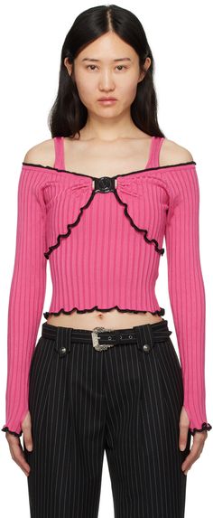 Rib knit stretch viscose off-the-shoulder sweater. Lettuce edges throughout. · Layered construction · Square neck · Cutout at shoulders · Logo hardware at chest Supplier color: Hot pink Coquette Clothing, Versace Pink, Versace Jeans Couture, Versace Jeans, Shoulder Sweater, Knitwear Women, Lettuce, Square Neck, Apparel Accessories