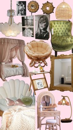 a collage of furniture and pictures on a pink background, including a bed, chair, desk, mirror, table with lights