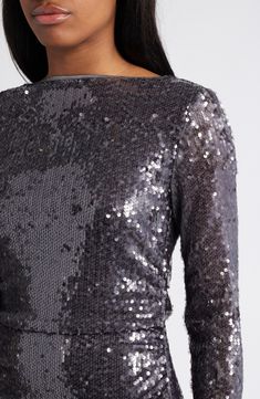 This sequin-dipped cocktail dress has a flirty cowl back that is sure to turn heads as you make your grand entrance. Ties at back Bateau neck Long sleeves Lined 100% polyester Hand wash, dry flat Imported Metallic Contrast Sequin Evening Dress, Fitted Sequin Dress For Dinner, Fitted Metallic Sequin Fabric For Evening, Metallic Fitted Sequin Evening Dress, Metallic Sequin Fabric For Evening And Holiday, Long Sleeve Cocktail Dress, Bateau Neck, Grand Entrance, Fabric Gifts