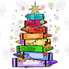 a christmas tree made out of books with presents on top and snowflakes in the background