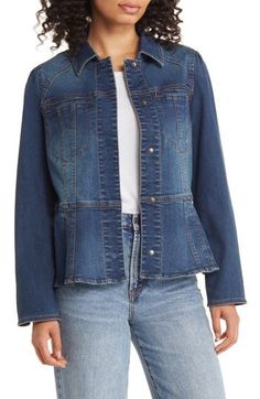 Add a light layer to your look with this stretchy denim jacket featuring covered snaps and a peplum to highlight your waist. 24 1/2" length (size Medium) Spread collar Snap cuffs 54% cotton, 23% rayon, 21% polyester, 2% spandex Machine wash, line dry Imported Spring Denim Jacket For Layering, Fitted Denim Top With Snap Buttons For Spring, Fabric Gift Bags, Fabric Gifts, Free Fabric, Denim Jacket, Nordstrom, Size Medium, Spandex