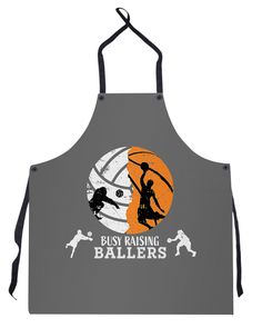 a purple apron with an image of a basketball player and the words busy raising ballers on it